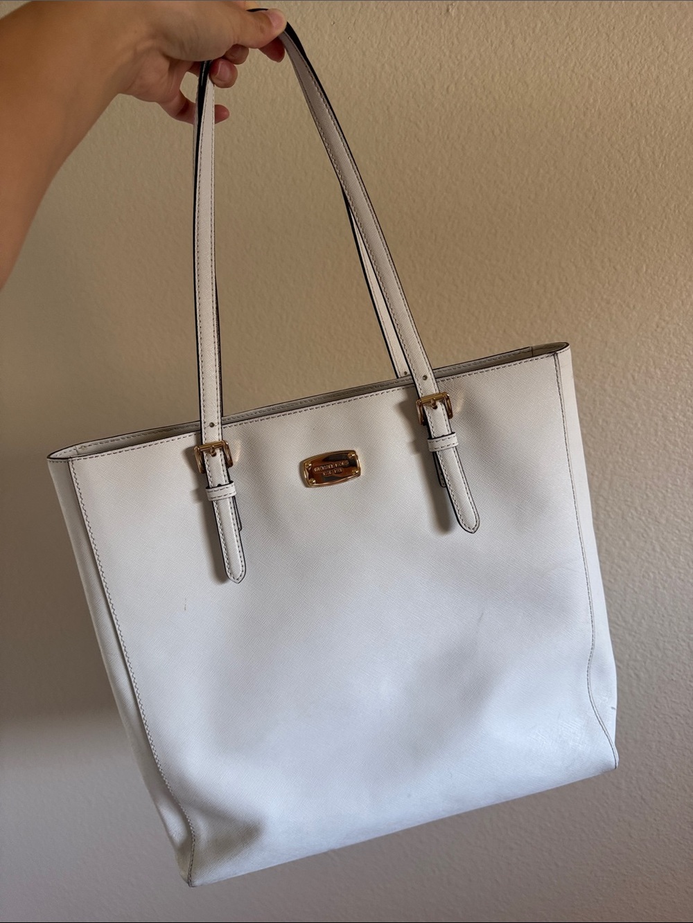 Michael Kors White Leather Tote with Gold Plaque